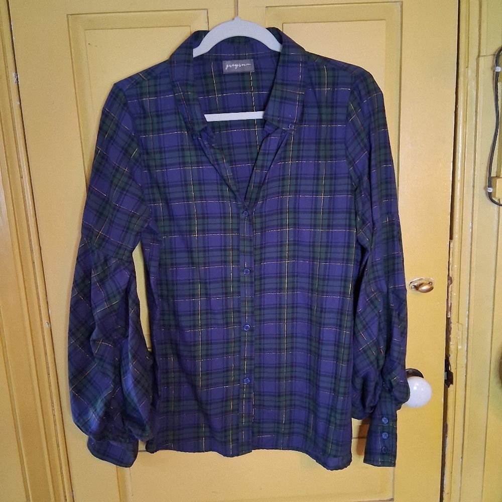 Greyson Blue and Green Scotch Plaid Button-up Shirt With Puffy Balloon Sleeves